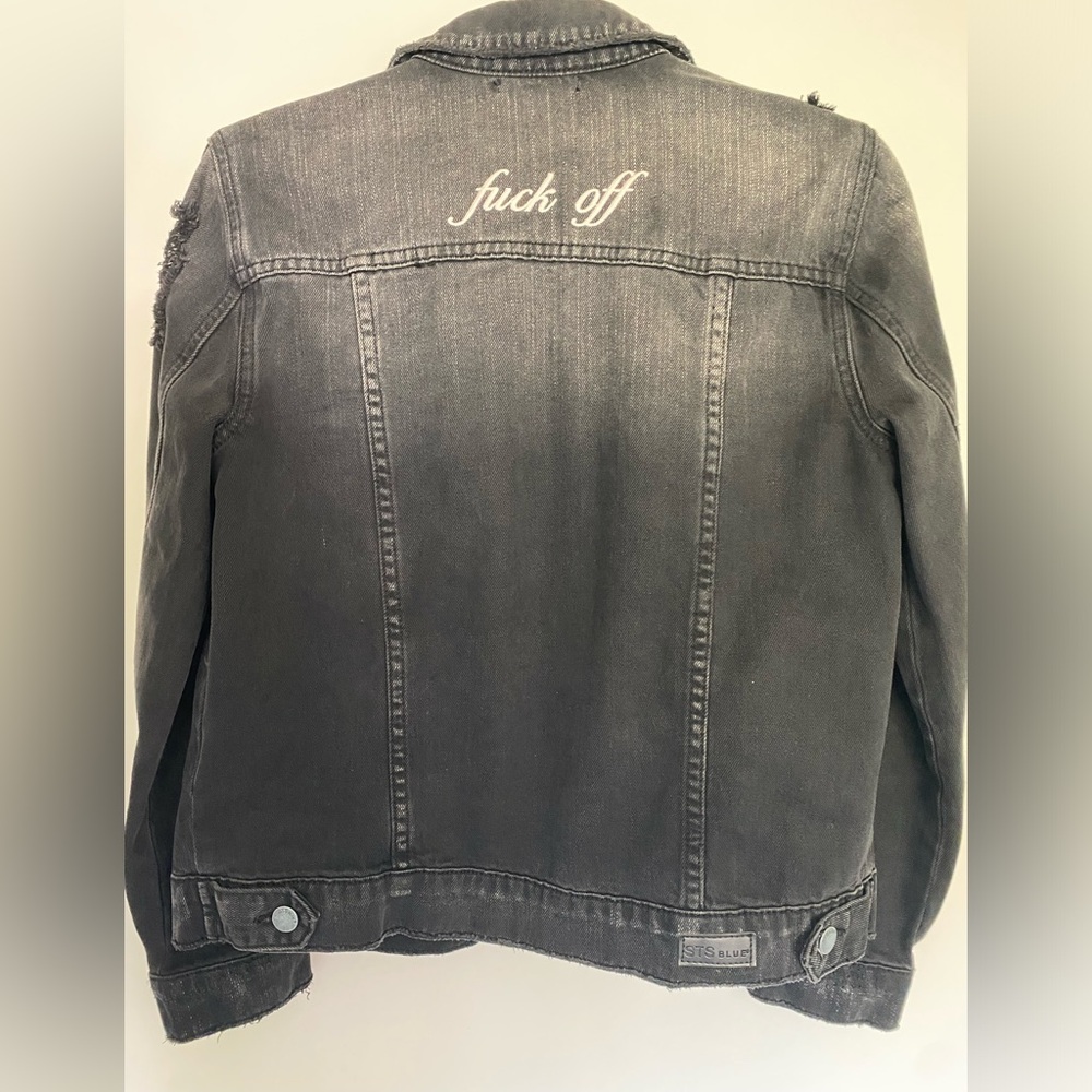 Custom Embroidered distressed black denim jacket boyfriend style loose fit